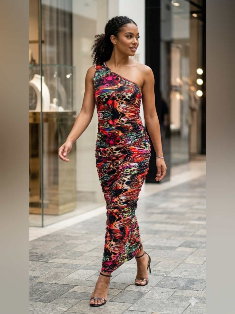 NWT One Shoulder Ruched Animal Print Multicolor Maxi Dress